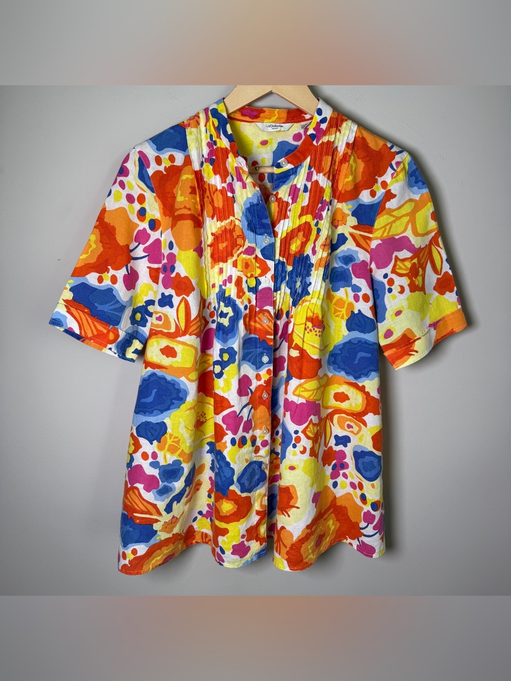 Liz Claiborne  100% Linen Y2K Abstract Floral Pintuck Boxy Maximalist Top M